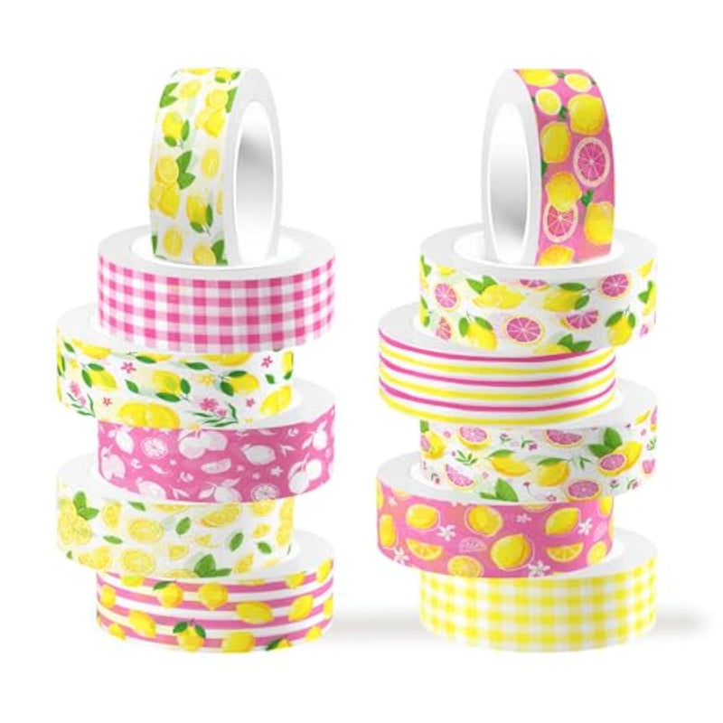 12 Rolls Pink Lemon Washi Tape Set for Journaling, Scrapbooking & DIY Crafts