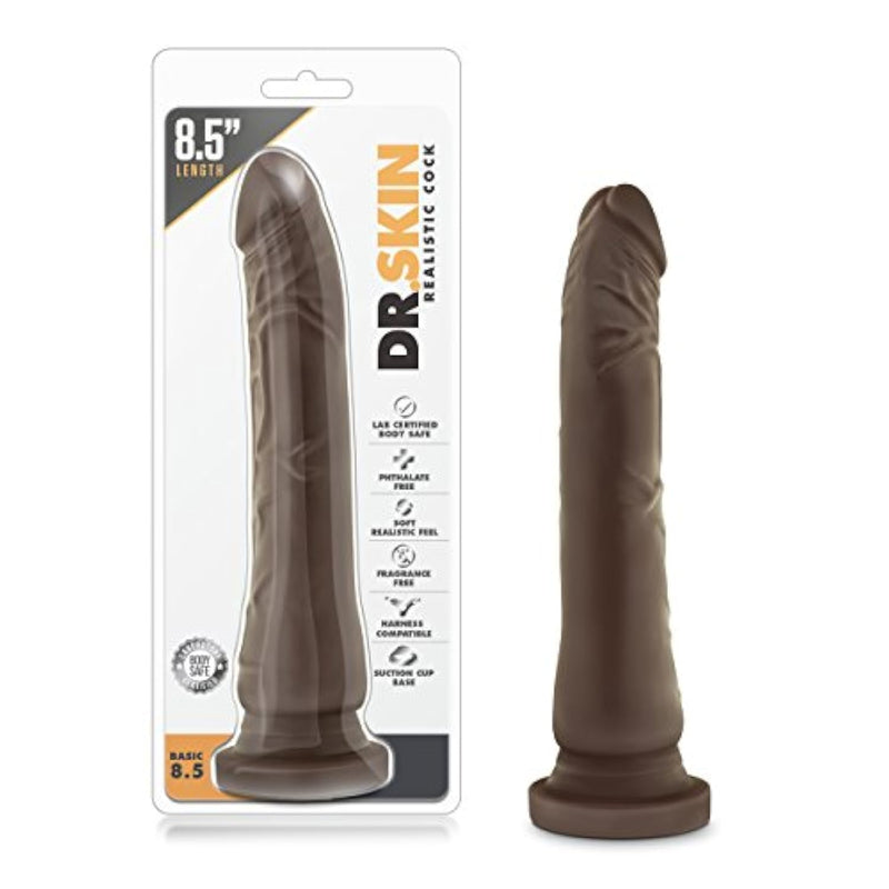 Adult Sex Toys - Dr. Skin Realistic 8.5 Inch Dildo - Slim 1.5 Inch Width - Suction Cup Base Strap On Compatible - Body Safe, Non Porous - Women Men Couples- Chocolate Brown