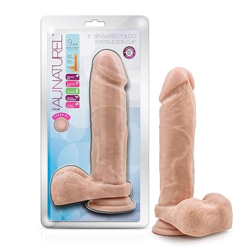 Blush Au Naturel 9" Realistic Dildo W/Balls, Lifelike Penis - Dual Density Sensafeel Tpe, Flexishaft Bendable Core - Suction Cup, Harness Compatible, Body Safe Sex Toy For Women & Couples - (Vanilla)
