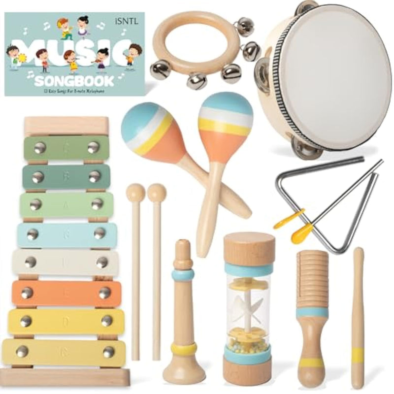 Baby Musical Instruments - Wooden Montessori Toys For Toddlers,Modern Boho Xylophone Includes Songbook With 13 Kids' Songs,Neutral Colors Wooden Percussion Instruments Set