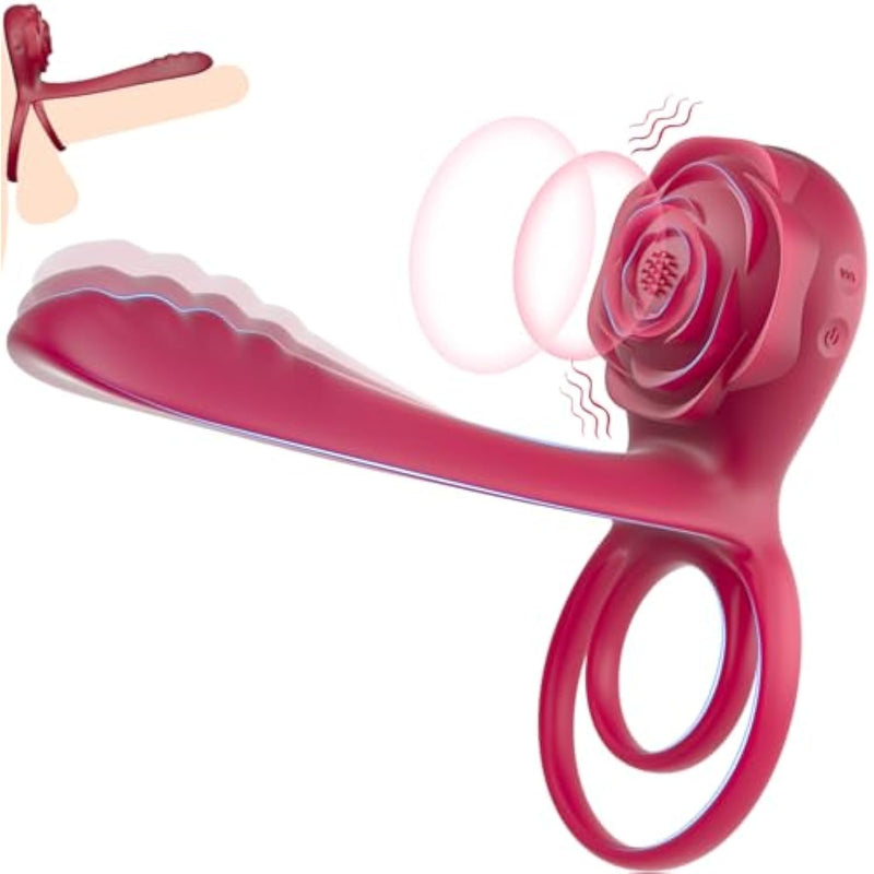 Vibrating Cock Ring With Rose Clitoral Stimulator G Spot Vibrator, Sex Toy 3 In 1 Penis Ring Vibrator With 10 Vibration Modes, Couples Adult Sex Toys For Men For Erection Enhancing Pleasure