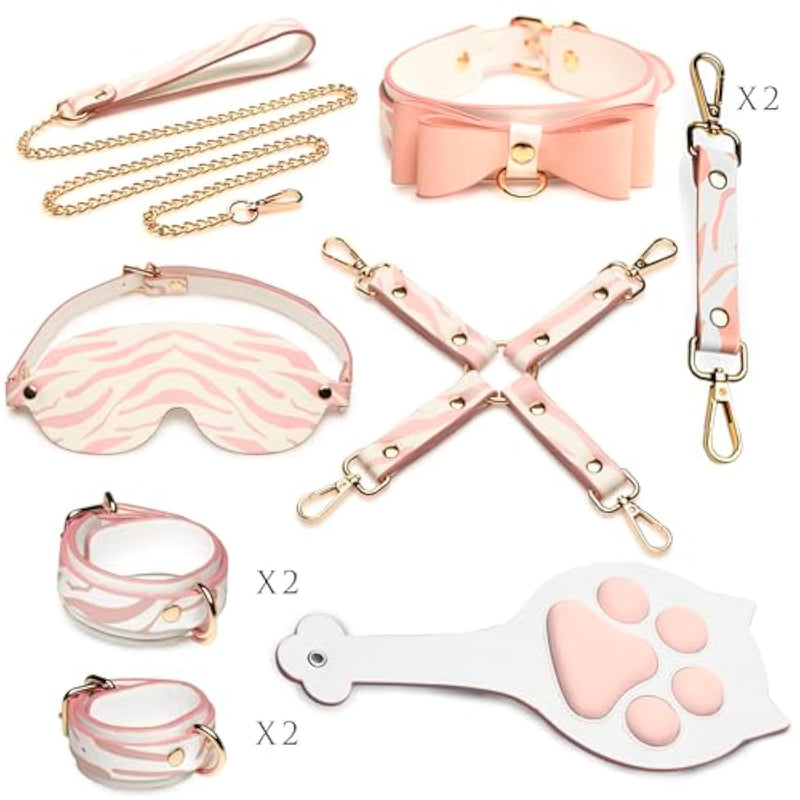 Pink Kitty Bondage Set For Women, Men & Couples. Charming And Sturdy Full Bondage Kit With Tiger Kitty Design For Kinky Play And Kawaii Aesthetics. 11 Piece Set, Pink