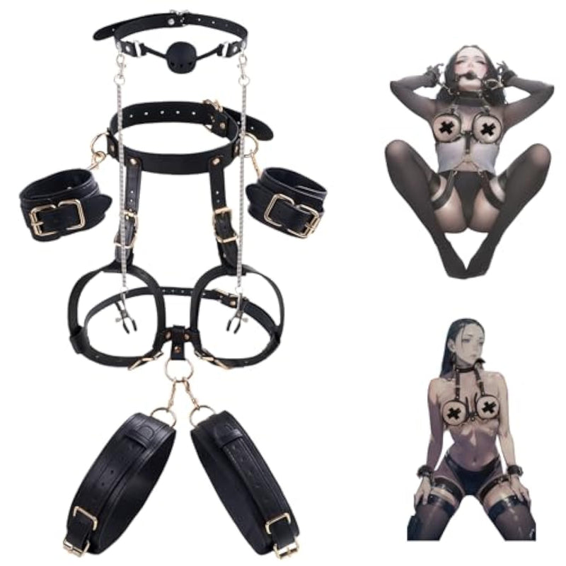 Bdsm Kit Sex Breast Bondage Restraints, Upgrade 5 In 1 Detachable Wrist & Thigh Cuffs Neck To Thigh With Ball Gag Nipple Clamps, Adjustable Bed Restraints Sexy Harness,Sm Game Sex Toy For Women Couple