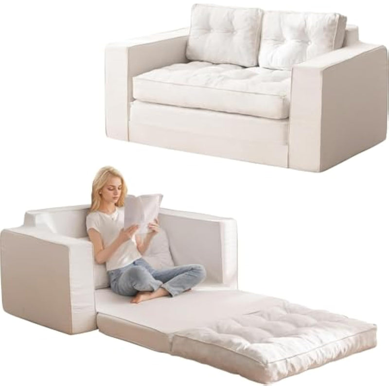 Loveseat Sleeper Sofa,55" Convertible Sofa Bed Couch Futon Couches For Living Room,3-In-1 Pull Out Floor Couch With Backrest And Pillows, White