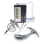 Electric Shock Chastity Lock and Bead Metal Anal Plug Combination Set for BDSM Enthusiasts