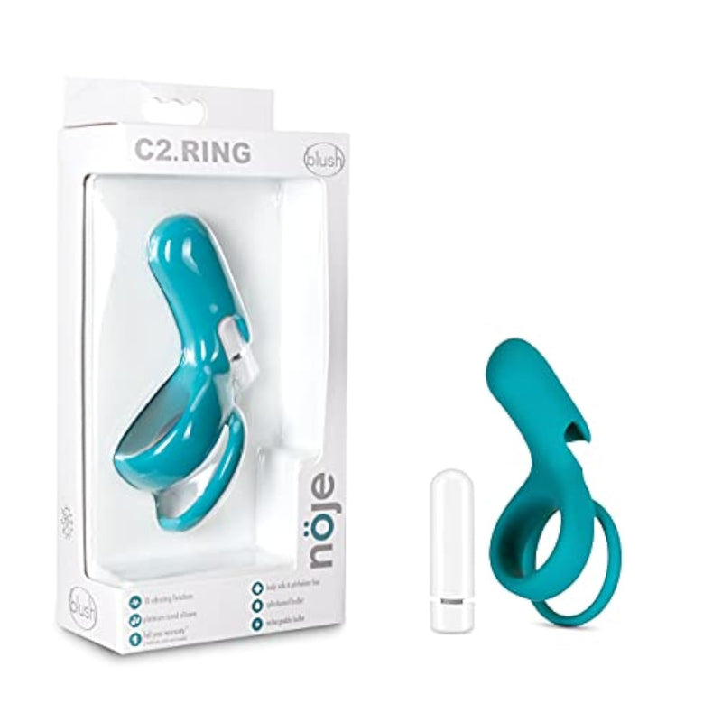 Blush Noje C2 Juniper Vibrating Penis Ring - 10 Vibration Modes, Rechargeable - Soft Silicone Cock Ring With Ball Stretcher Loop - Stronger Erections, Orgasms & Pleasure Couples Adult Sex Toy - (Blue)