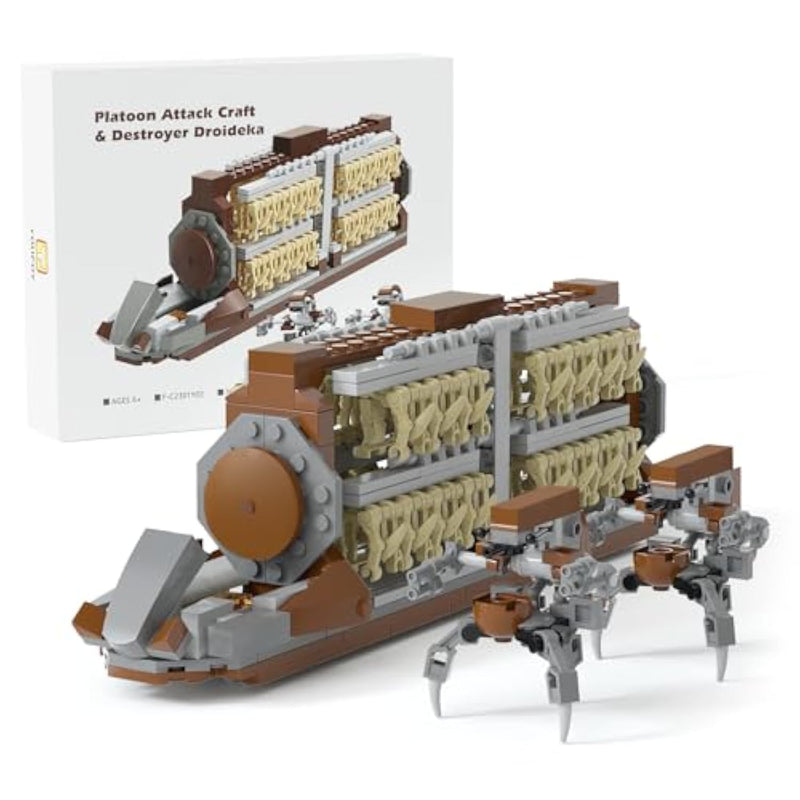 Battle Army Clone Platoon Attack Craft Building Kit 32-Piece, Battle Soldiers Troop Carrier With 2 Droidekas, Building Blocks Action Figures Army Toys For Kids 6-12