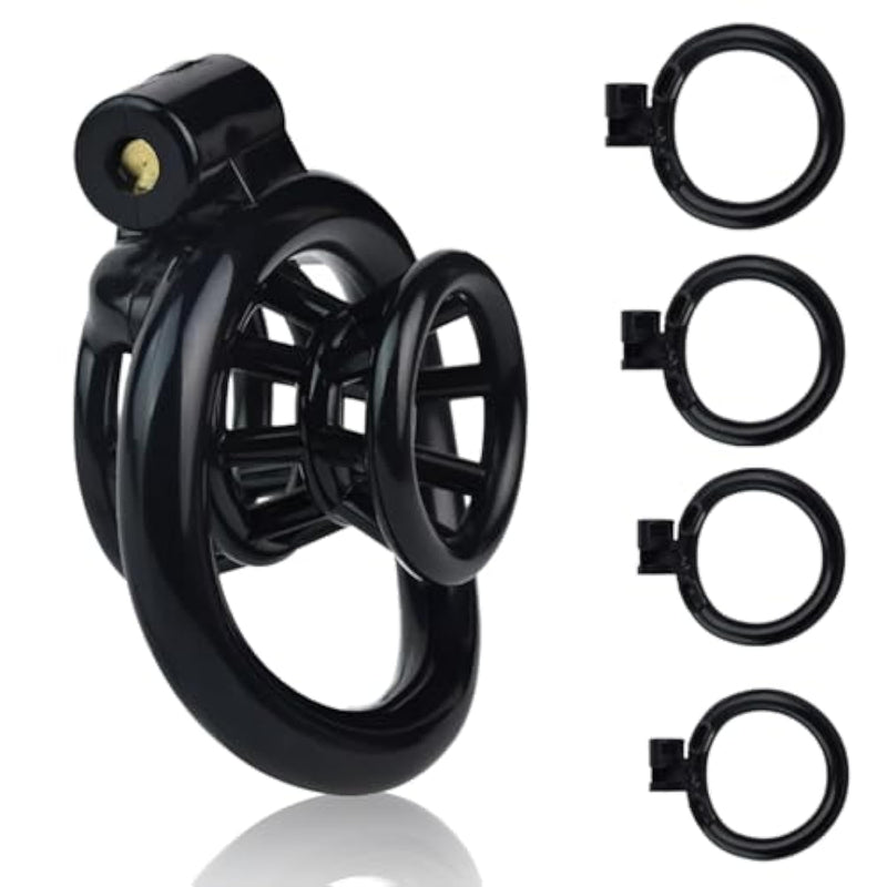 Male Inverted Chastity Cage Sex Toy Set With 4 Cock Rings,Small Negative Chastity Devices,Nylon Fish Trap Shape Adult Penis Sm Bondage Device (Black)