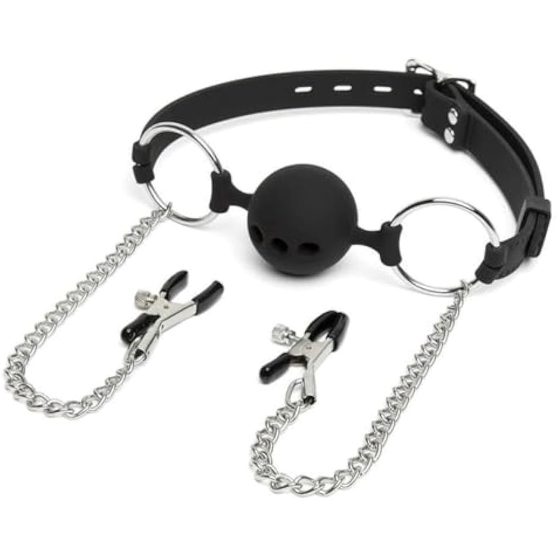 Silicone Gag Mouth Gag With Sex Nipple Clamps Chain, Ball Gag With Lock Large Bondage Set Sex Toy For Couples Extreme Sex Mouth Ball Gag Adjustable