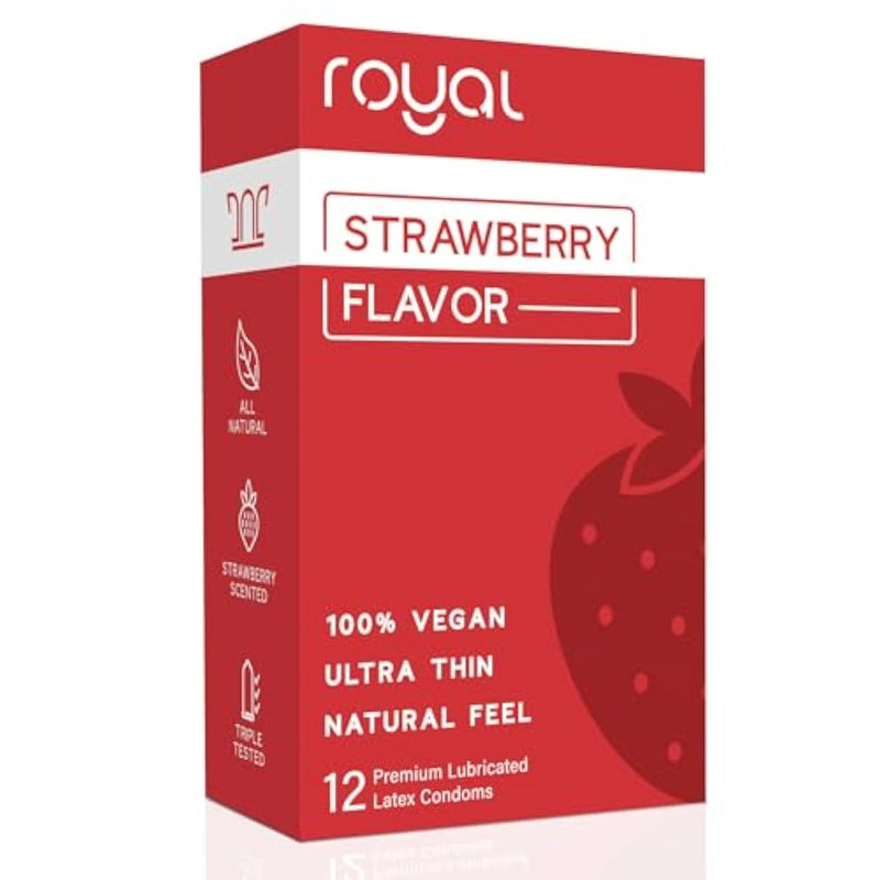 Royal Strawberry Flavored Tailored Fit Ultra-Thin Natural Latex Condoms - Premium Lubricated - Strong, Non-Toxic Latex - Organic, Vegan, Slim, Snug Fit - Safe & Durable Male Contraceptives – 12 Count