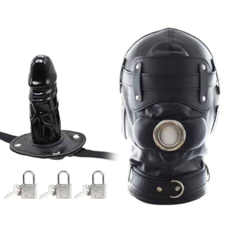 Black Leather Bondage Hood for Unisex Adults - Full Face Blinder with Detachable Cover and Dildo Mouth Gag Head Hood
