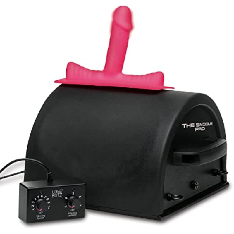 Love Botz 50X Saddle Pro Sex Machine With 4 Silicone Dildo Attachments, Vibrating Thrusting Dildo Mount For Men, Women, & Couples, Powerful & Durable Adult Toys, Easy To Use, 5 Piece Set, Black