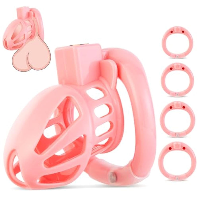 Male Chastity Device Cock Cage - Lightweight Vertical Invisible Lock Chastity Cage For Men With 4 Active Rings & 2 Keys Adult Sex Toys For Male Penis Exercise And Abstinence | Pink | Large Size