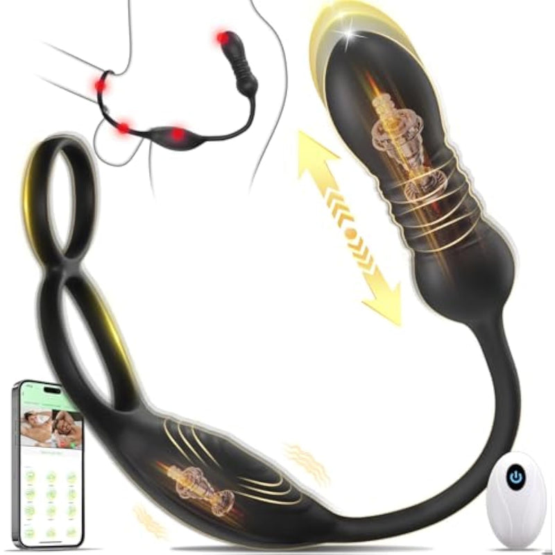 Thrusting Prostate Massager Anal Sex Toy With Vibrating Cock Ring Taint Testicle Stimulator, Remote Control App Anal Butt Plug Dildo, Penis Ring Vibrator For Men, Couples Male Adult Sex Toys