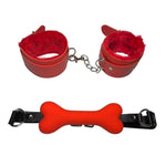 Silicone Dog Bone Mouth Gag With Leather Handcuffs Restraint Set Bdsm Open Mouth Gag Sex Toys Adjustable Strap Mouth Plug Dog Bones Gag Handcuffs For Women Men Couples Bondage Toys (Red)