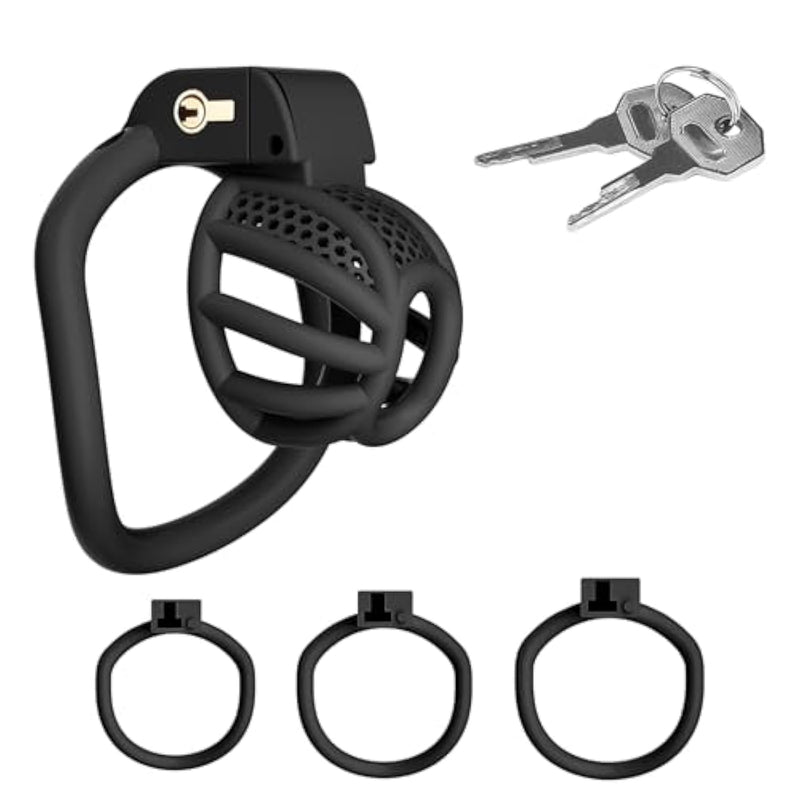 Honeycomb Hollow Chastity Cage With 4 Removable Curved Rings, Invisible Locking Cylinder Design, Cock Cage With 2 Keys Adult Cb Fetish Sex Toys & Games For Men Penis Bondage (Black,S)