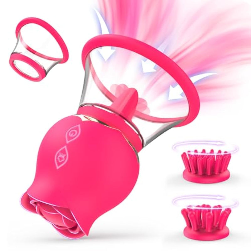 Sucking Vibrator Clit Sucker With 3 Brush Heads 2 Removable Cups, 12 Rotation Modes Manual Sucking Vibrators For Clitoral Nipple Stimulation, Rose Sex Toy Adult Sex Toys For Women Or Couples