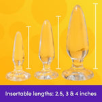 Anal Training Kit - 3 Piece Crystal Clear Butt Plug Set - Progressive Size Small To Large Suction Cup Anal Plugs - 2.5-4 Inch Adult Sex Toys For Men, Women & Couples