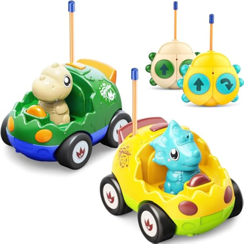 2 Pack Dinosaur Remote Control Cars For Toddlers 2 3 4 5 Years Old - Birthday Gift Ideas For Boys Ages 2-5, Kids Dino Toys Rc Vehicle With Lights And Music For Family Fun(Yellow Green)