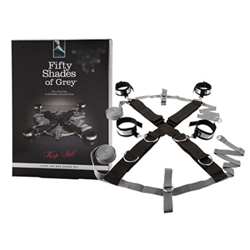 Fifty Shades of Grey Keep Still Restraint Kit - Over The Bed Cross Restraint Set - Faux Fur Lined Detachable Cuffs - Includes Blindfold & Door Hanger - 80 Inch Adjustable - Black/Grey