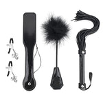 4Pcs Sm Bondage Set Sex Whip Adult Paddle Slap Leather Whip Flirting Feather Tickle And Bells Nipple Clamps For Adults Sex Games (Black)