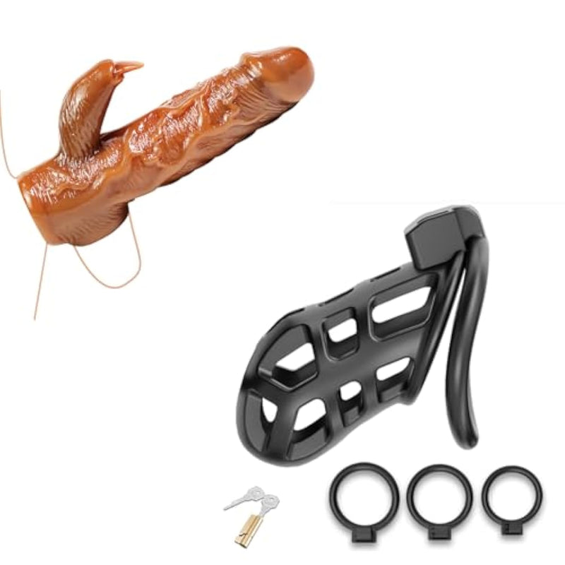 Male Chastity Cage,Large Cock Cage Device With 3 Sizes Rings Penis Sleeve Cock Sleeve - Realistic Adult Male Sex Toy