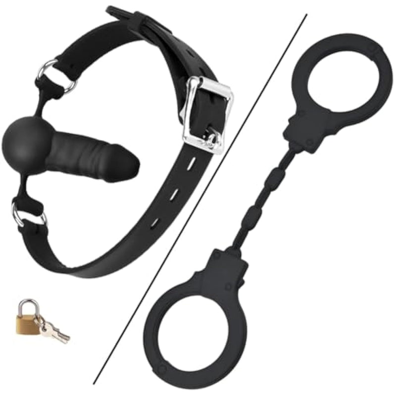 Mouth Ball Gag Wear Adjustable Dildo Penis & Skin-Friendly Silicone Handcuff