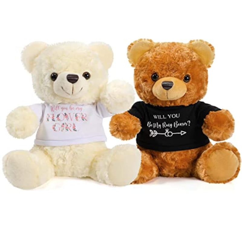 2 Pieces Wedding 10 Inch Bear Stuffed Animal Will You Be My Flower Girl Ring Proposal Gifts From Bride Groom With Clothing For Wedding Proposal Anniversary Party(Flower Girl, Ring)
