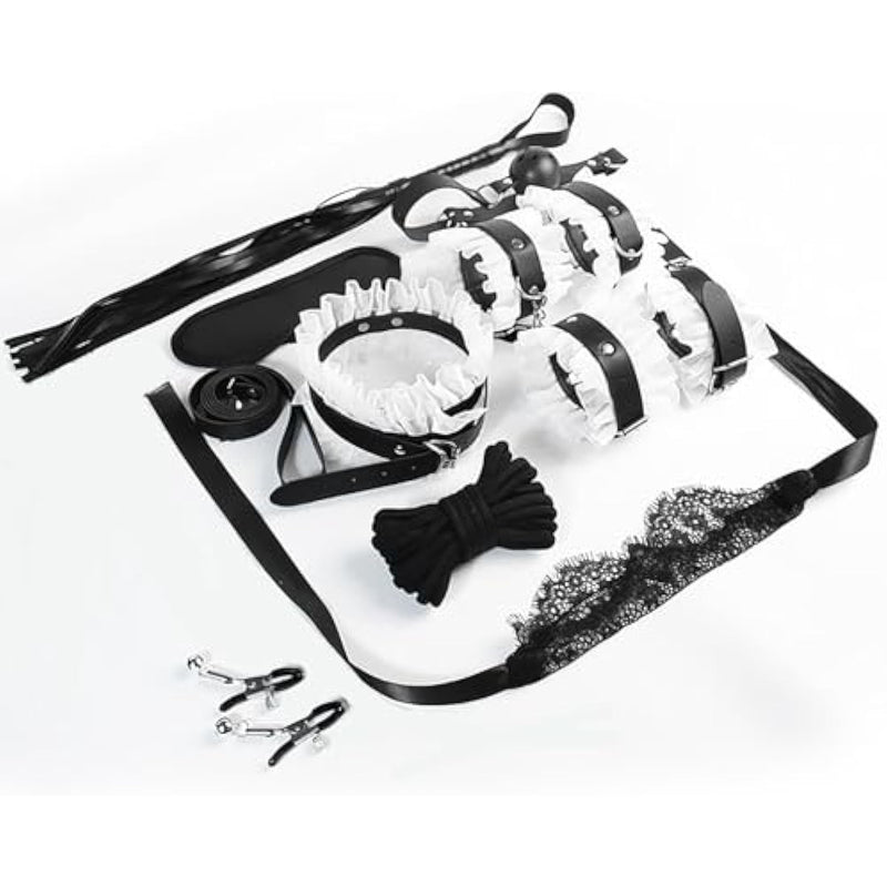 Sex Bbdsm Bondage Kit Bed Restraint Toys Maid Lace Handcuffs Footcuffs Whip Straps Blindfold Couple Bdsm Sexy Toy (White 9-Piece Set)