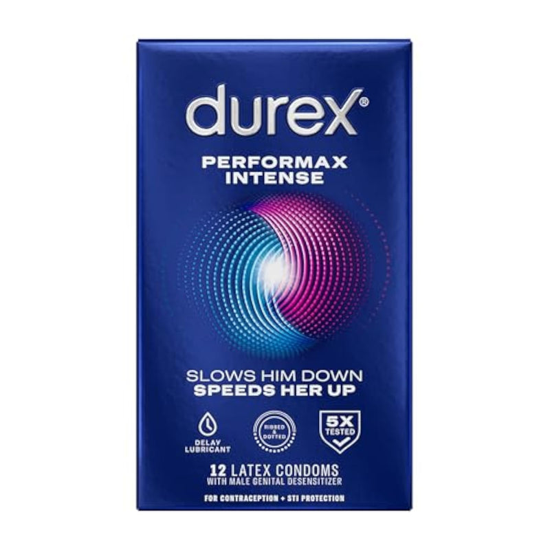 Durex Performax Intense Ultra Fine Ribbed Dotted Condoms with Delay Lubricant, 12 Count, Natural Rubber Latex