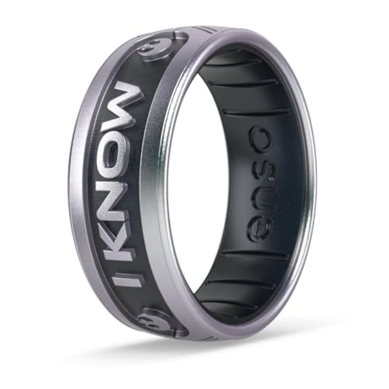 Star Wars Silicone Ring - Comfortable And Flexible Design - I Know You (English) - Icy Silver/Black Pearl - Size 10