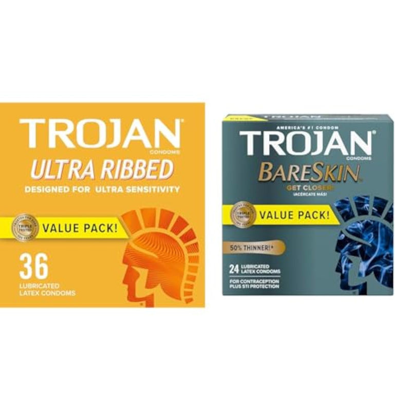 Trojan Ultra Ribbed Condoms for Ultra Stimulation, 36 Count, 1 Pack & Bareskin Thin Premium Lubricated Condoms - 24 Count