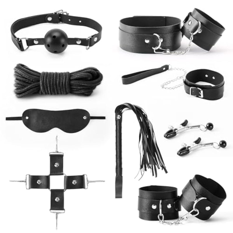 Beginner Bdsm Kit,10 Psc,Adjustable Bondage Set For Couples, Leather Restraints With Thigh Cuffs & Whip, Discreet Starter Kit For Sensual Play,Sm For Bed Hotel Black
