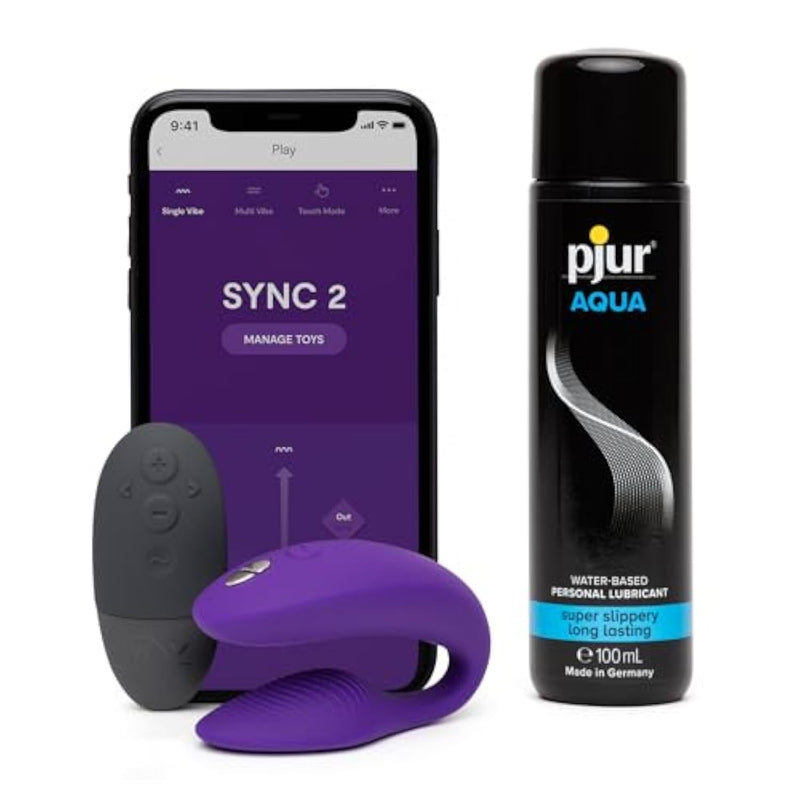 Sync 2 Purple App Control Couples Vibrator & Pjur Aqua Water Based Personal Lubricant 3.4 Fl Oz - Couples Sex Toys Bundle