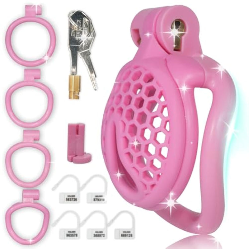 Pink Mini Chastity Cage For Men With 4 Testicle Rings Honeycomb Breathable Cock Cages Dark Lock Design Sm Penis Sex Toy For Man Couple (Arc Ring,Pink)