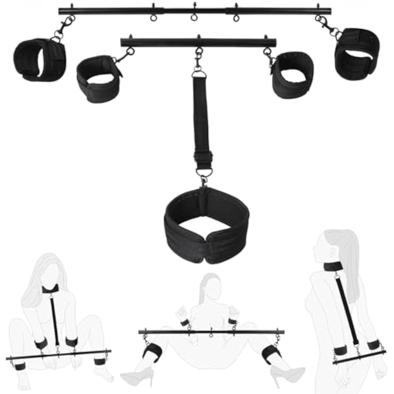 Restraints Bondage Detachable Spreader Bar Sex Toys, Adjustable Bdsm Bondages With Soft Feather Handcuffs & Ankle Cuffs, Adult Toys Fetish Expandable Sm Kits For Couples & Sm(Black)