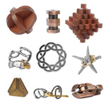 9Pcs Retro Wooden And Metal Puzzles Bulk Gift For Kids, Teens, And Adults Unlock Interlock Brain Teaser Toys Game.