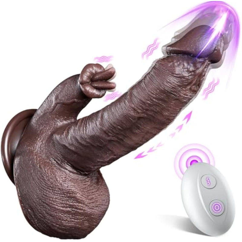 Thrusting Dildo Vibrator Sex Toys - 5-In-1 Silicone Suction Cup Black Dildo With 10 Thrusting, 10 Vibration & Heating Licking Modes, Remote Control Vibrator For Women And Men, Realistic Sex Toy