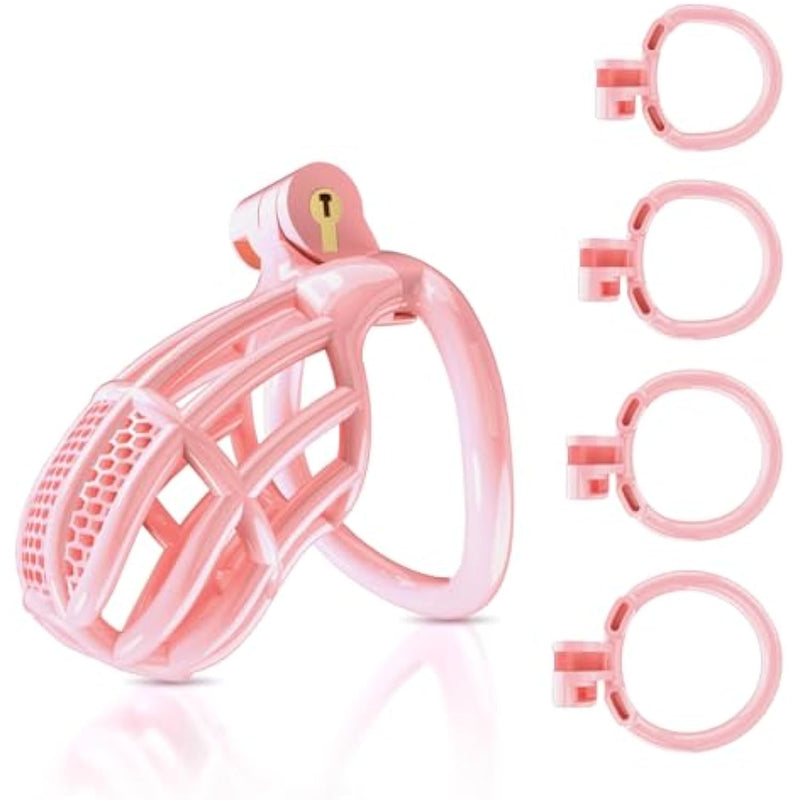 Male Cock Cage Chastity Device - Lightweight Plastic Chastity Cage For Man Penis Exercise 3D Printed Pink Large Adult Sex Toy With 4 Sizes Rings Invisible Lock And Key