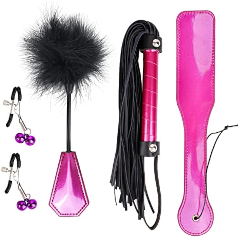 4 Pcs Bdsm Training Set Sex Whip Adult Sex Flap Paddle Role Playing Adult Role Playing Sex Game Bdsm Feather Hand Flap Whip Nipple Clip Rose Red