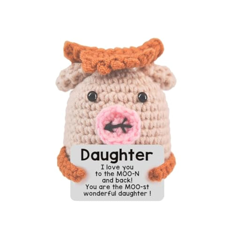Adorable Hand-Crocheted Cow–3-Inch Positive Emotional Support Companion With Motivational Card, Playful Desk Decor For Office/Home, Gift For Friends/Colleagues/Birthdays (Moo For Daughter)