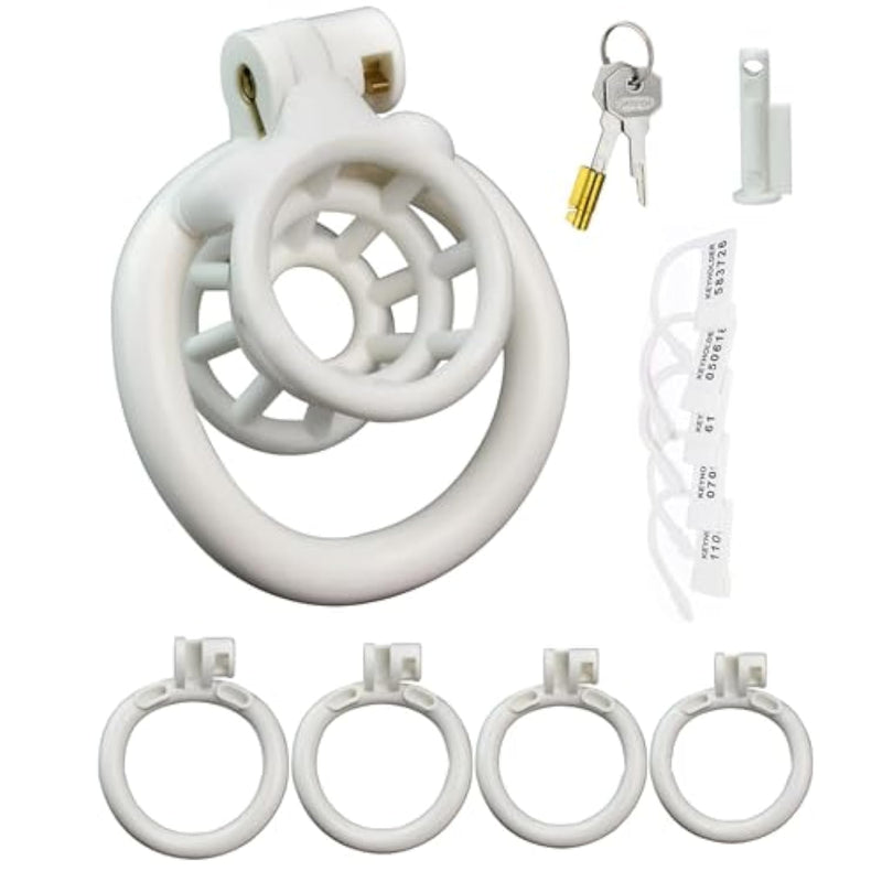 Male Inverted Chastity Cage Nylon Chastity Belt For Men Penis Cage Hollow Funnel Cock Cages Sex Toy Set With 4 Cock Rings Bdsm Bondage Sex Toys (White)
