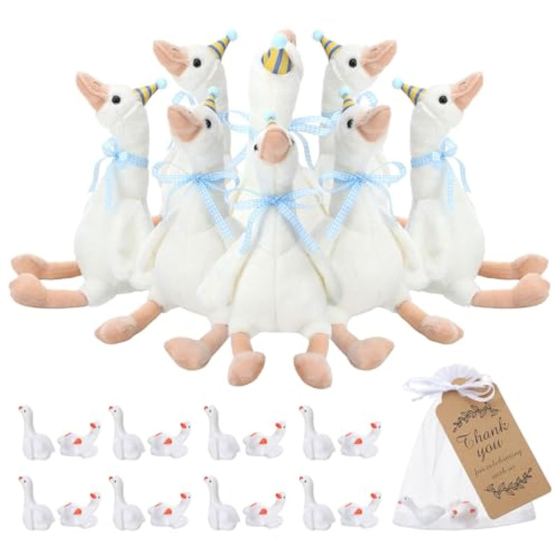 66 Pcs One Silly Goose Party Supplies Including 11.81Inch Silly Goose Stuffed Animal Resin Ornaments Birthday Hats Cards Drawstring Bag Ribbons For Home Sleeping Room Birthday Party Favors