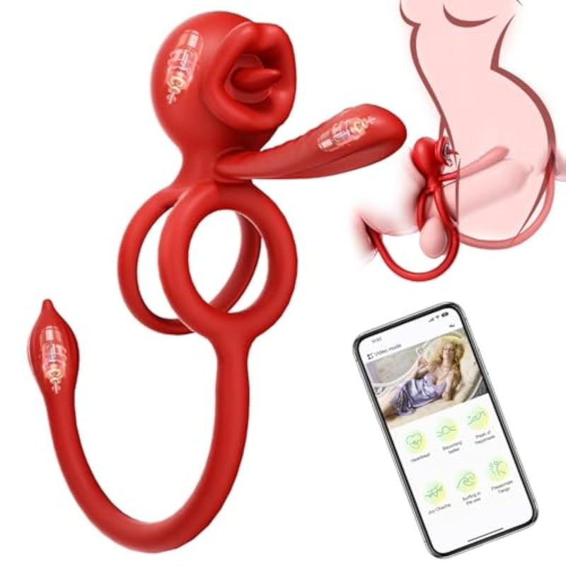 Vibrating Cock Ring Couples Sex Toys, 3-In-1 Dual Penis Ring Vibrator 9 Modes For Clitoral Anal Stimulation With Tongue Licking, Erection Adult Sex Toys For Men Bluetooth App Controlled