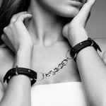 Maze Thin Handcuffs – Vegan Leather Double Bracelet Restraints – Discreet Bondage Jewelry – Peta-Approved, Adjustable, Recycled Materials – With Chain – Black