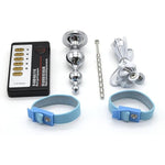 Gourd-Shaped Metal Electric Shock Anal Plug, Male Bead Urethral Penis Plug, 2 Elastic Restraint Cock Ring Electric Shock Set