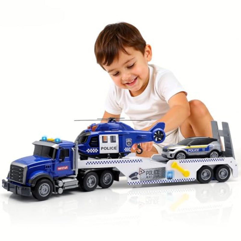 21" Semi Police Truck Toy With Helicopter & Racing Car,Toddler Boy Toys For 3 4 5 6 Years Kids,Friction Powered Truck Vehicle With Lights & Sounds For Boys Girls Christmas Birthday Gifts
