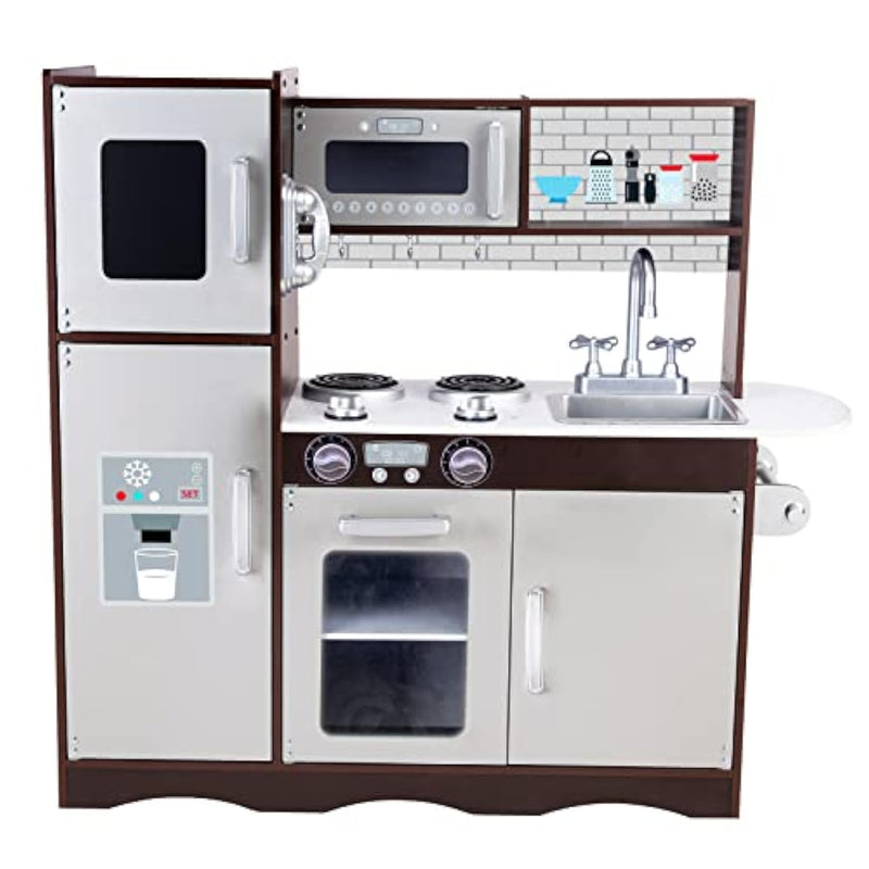 Kitchen Playset For Kids Ages 3-8, Wooden Pretend Play Kitchen With Realistic Sounds, Including Telephone, Ice Maker, Refrigerator, Dimensions: 35” H X 31” W X 12” D (Black)