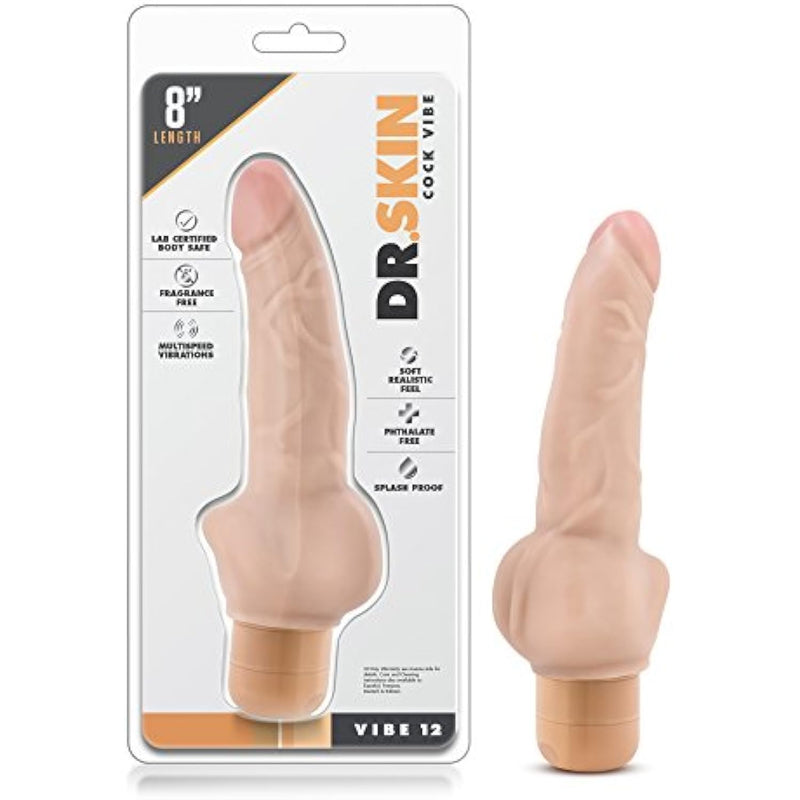 Dr Skin Vibe 12 - Real Feel Realistic 8 Inch Vibrating Dildo - 1.5 Inch Width - Ipx7 Waterproof - Soft Body Safe - Multi Speed Bendable Vibrator - Sex Toy For Women Men Couples - Beige
