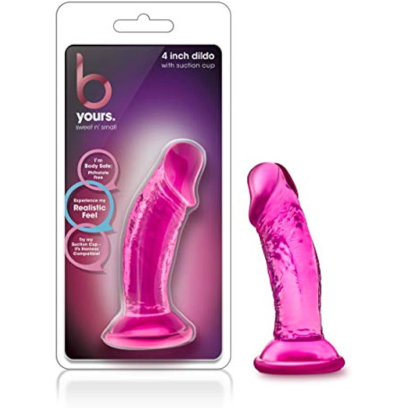 Blush Adult Sex Toys - B Yours, Sweet N Small Realistic 4.5 Inch Short Dildo - 1.25 Inch Wide Strap On Ready Suction Cup - Body Safe, Non Porous Soft - Pegging, Anal - Women Men Couples - Clear Pink